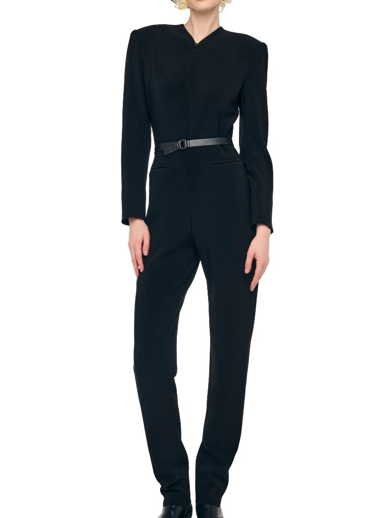 Norma Kamali Black Ls V Neck Zip Front Tapered Jumpsuit, Xxs